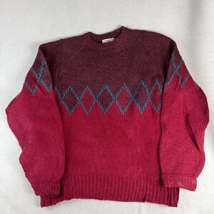 Vintage Gap Mens Large 100%‎ Wool Argyle Crewneck Sweater Red Burgundy Teal 80s